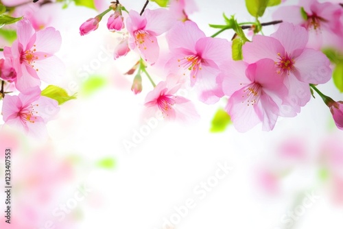 Soft pink cherry blossoms bloom gracefully, showcasing their beauty with vibrant petals and lush green leaves, perfect for serene designs