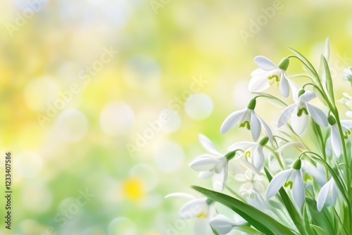 Snowdrop flowers are beautifully illustrated, showcasing their white petals and green stems against a soft, blurred background, evoking springtime