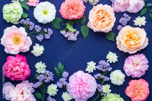 Vibrant roses and peonies are beautifully arranged with smaller flowers against a stunning deep navy backdrop, creating a striking visual display