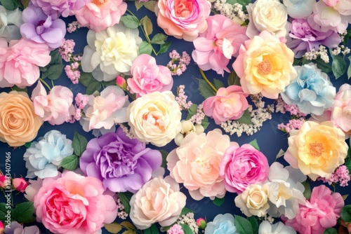 Bright roses and peonies create a lively floral arrangement against a rich navy background, showcasing a burst of color and texture