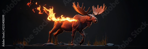 A moose with fire emerging from its antlers, against a dark background, in a fantasy style, suitable for a game banner design.  photo