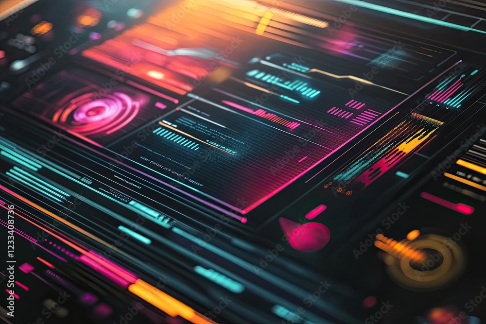 Obraz premium Futuristic digital interface screen displaying data streams and graphs at night, used for technology presentations