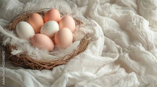 Delicate Nest with Fresh Eggs on Soft White Fabric Background