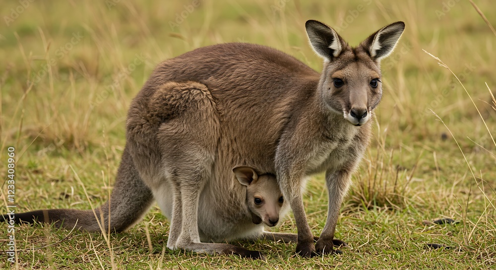 Kangourou femelle avec son petit dans sa poche. Photo de stock pour la faune australienne, les marsupiaux, la nature et les animaux sauvages. Kangourou femelle avec son petit dans sa poche. Photo de stock pour la faune australienne, les marsupiaux, la nature et les animaux sauvages.