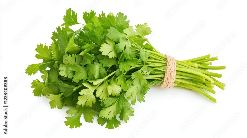 Fresh Green Cilantro Roots Bunched Together on White Background Fresh Green Cilantro Roots Bunched Together on White Background