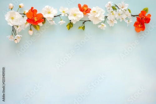 Bright white and orange flowers create a stunning minimalist arrangement on a calming light blue backdrop, giving a fresh and vibrant look. Spring banner with copy space