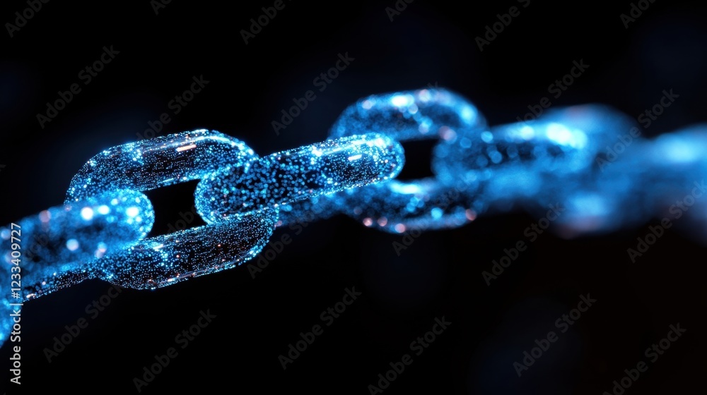 Glowing Blue Chain Link with Sparkling Particles on Black Background Glowing Blue Chain Link with Sparkling Particles on Black Background