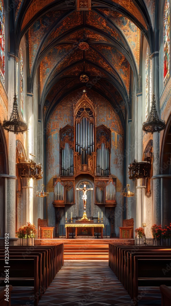 Fototapeta premium Ornate church interior with pipe organ