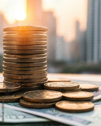 arranged coins urban banknotes sunset concept. Stacks of coins with cash, symbolizing wealth and investment, against an urban backdrop.