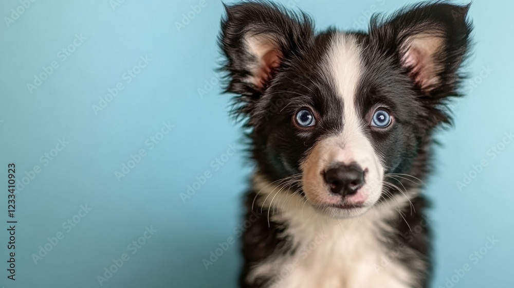 Adorable puppy with striking blue eyes against a pastel backdrop Adorable puppy with striking blue eyes against a pastel backdrop