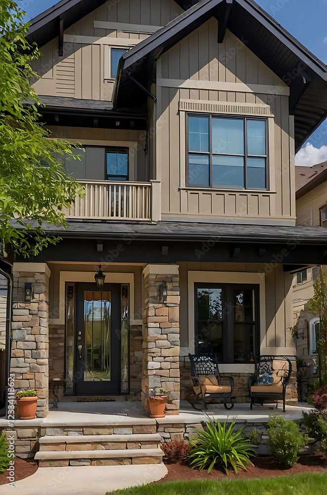 Fototapeta premium Modern Suburban House Exterior: Stone, Wood, and Glass Design. Beautiful Home Architecture and Landscaping