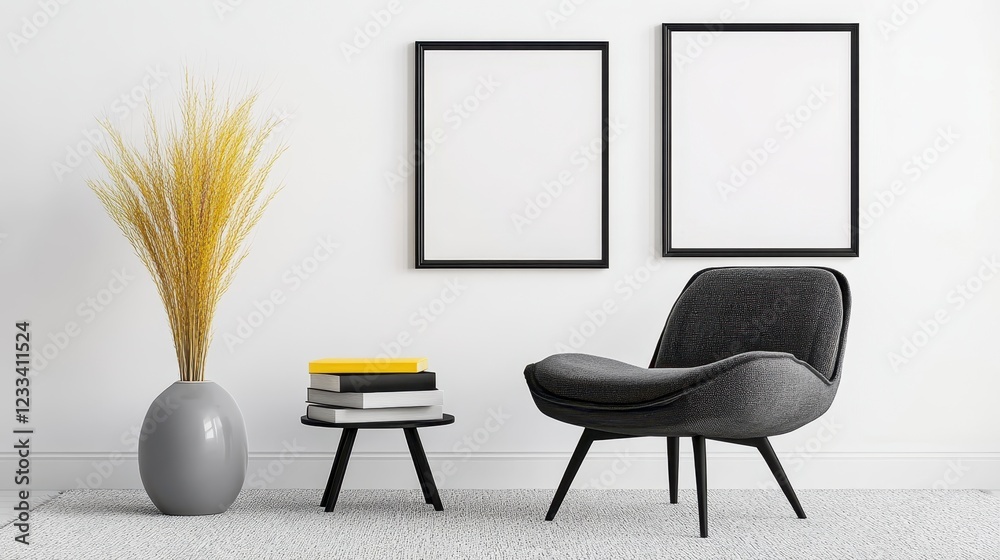 Fototapeta premium Modern Interior Design with Stylish Armchair and Blank Frames