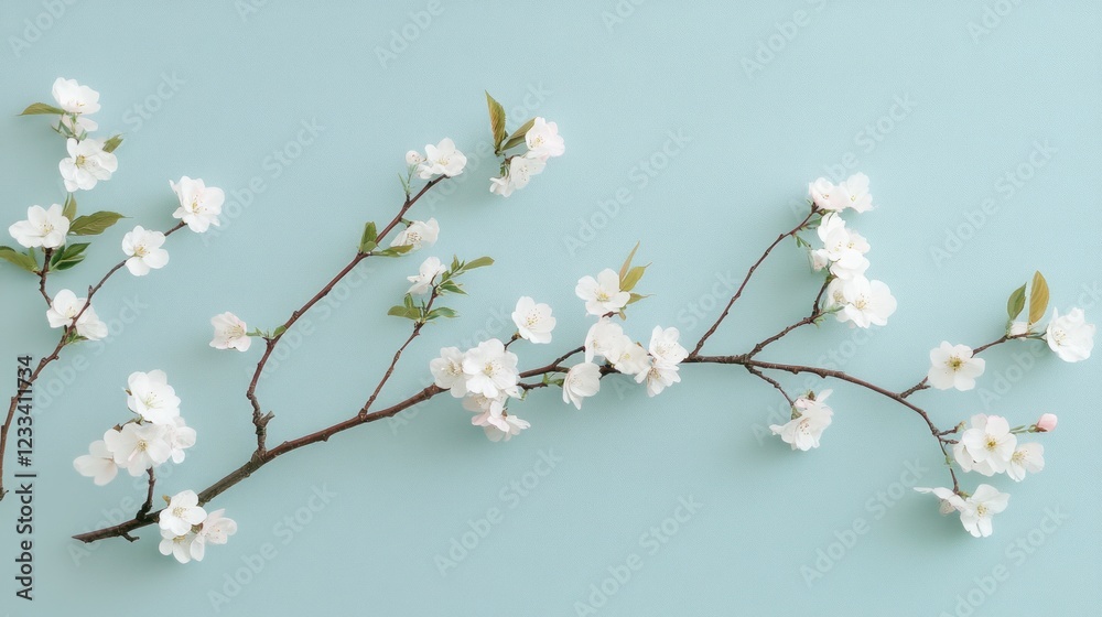 Delicate White Blossoms Branching Across Pale Blue Delicate White Blossoms Branching Across Pale Blue