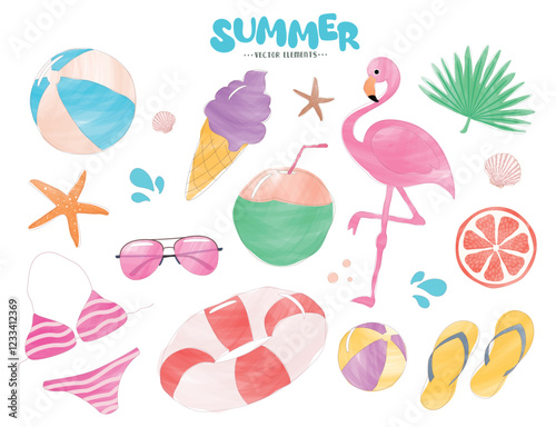 Summer elements clipart drawing set. Summer beach elements with watercolor hand drawn elements clip art in pastel color vector illustration in sunny day white background.

