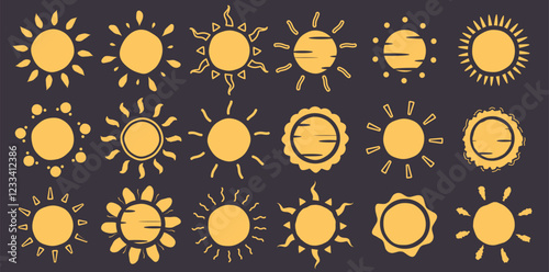 Sun drawing clipart icon set. Yellow sun clip art in hand drawn and doodle sunrays symbol collection in black background vector illustration.

