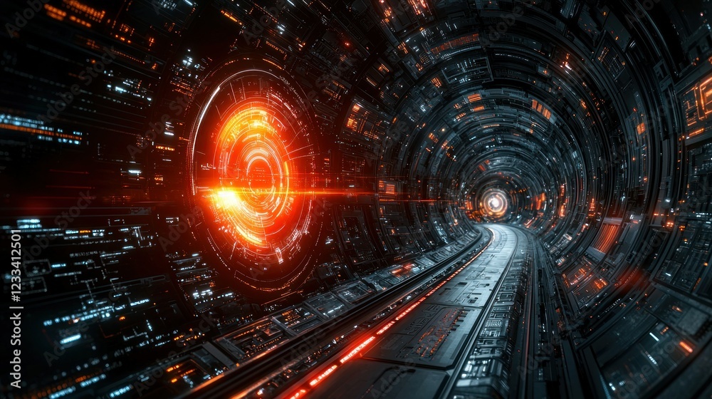 Fototapeta premium Futuristic tunnel with glowing portal, ideal for sci-fi projects