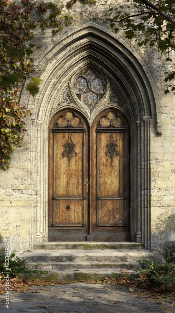 Ancient wooden doors in stone archway Ancient wooden doors in stone archway