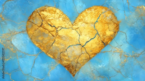 Golden Cracked Heart on Blue Marble Texture