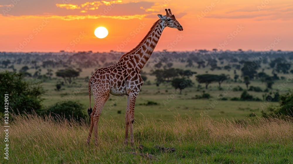 Obraz premium Giraffe at sunset in African savanna, wildlife conservation