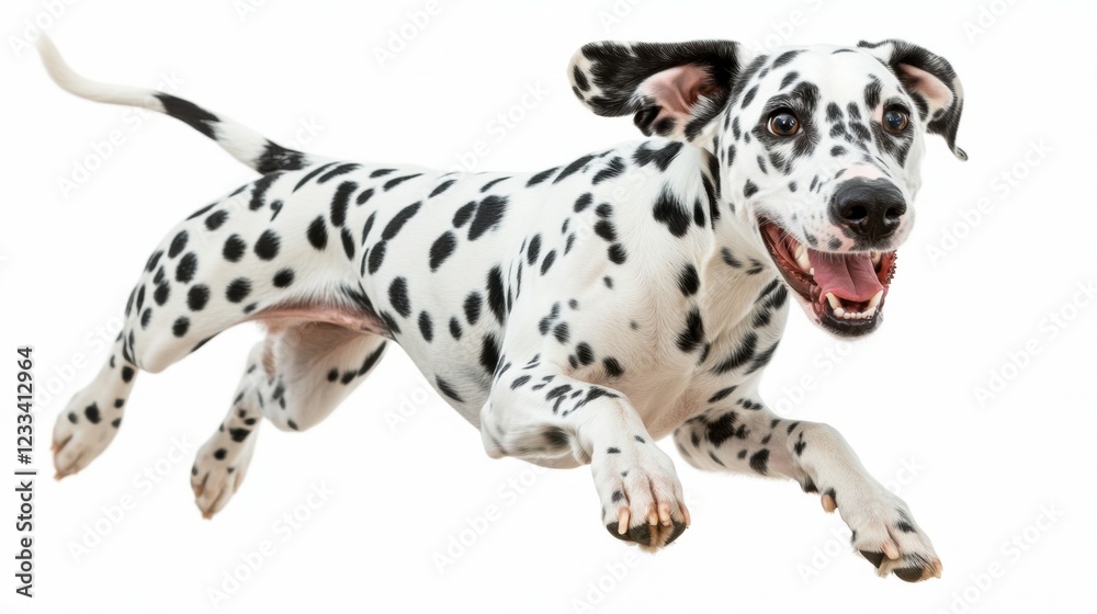 Happy Dalmatian Dog Joyfully Leaping in Mid Air Against White Background Happy Dalmatian Dog Joyfully Leaping in Mid Air Against White Background