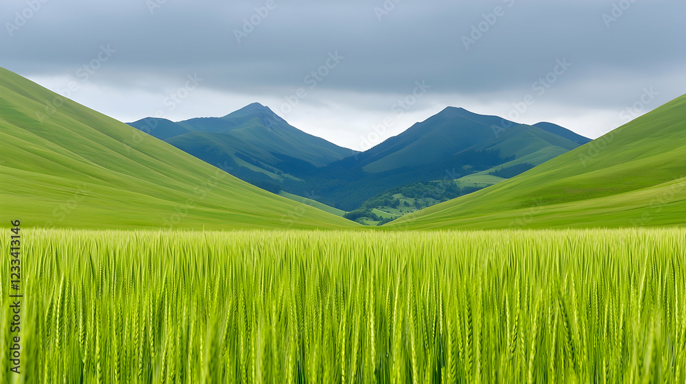 Fototapeta premium Green valley, mountains, cloudy sky, wheat field