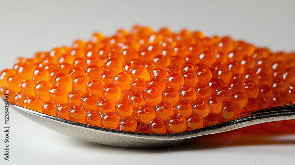 Bright Orange Caviar Pearls on a Silver Spoon Close-Up Detail Bright Orange Caviar Pearls on a Silver Spoon Close-Up Detail