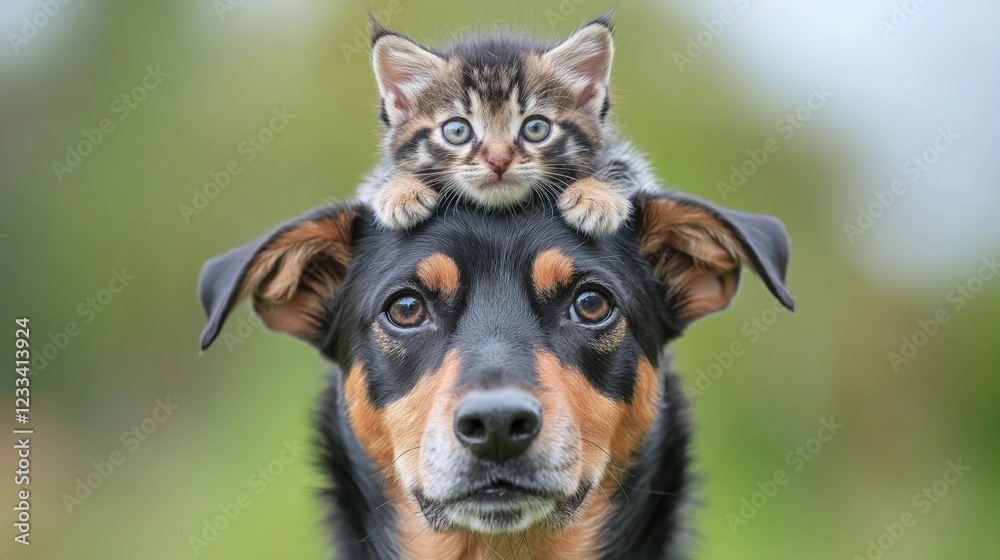 Playful mixed breed dog with kitten on head, showcasing heartwarming animal friendship. Playful mixed breed dog with kitten on head, showcasing heartwarming animal friendship.