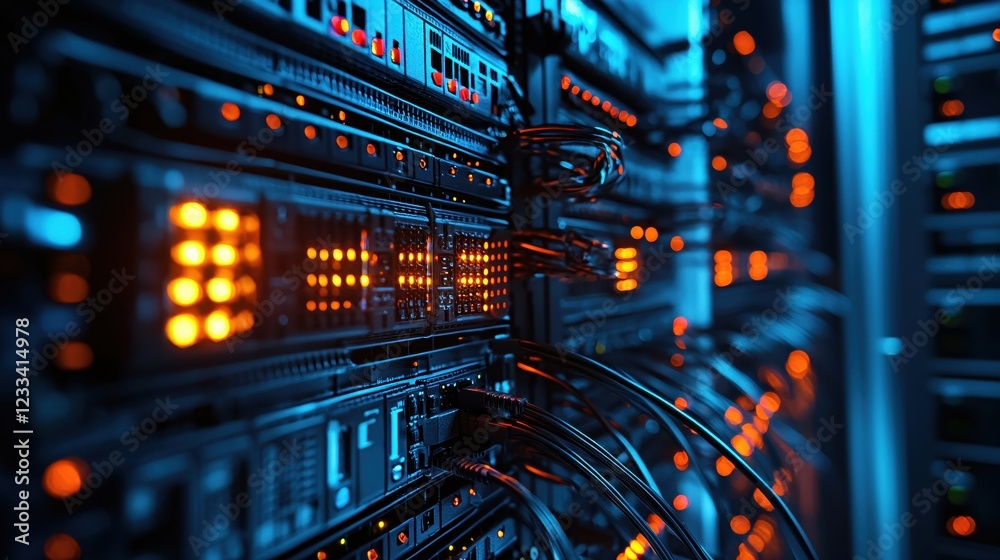 Naklejka premium Powerful Network Server Room Technology Data Center Infrastructure