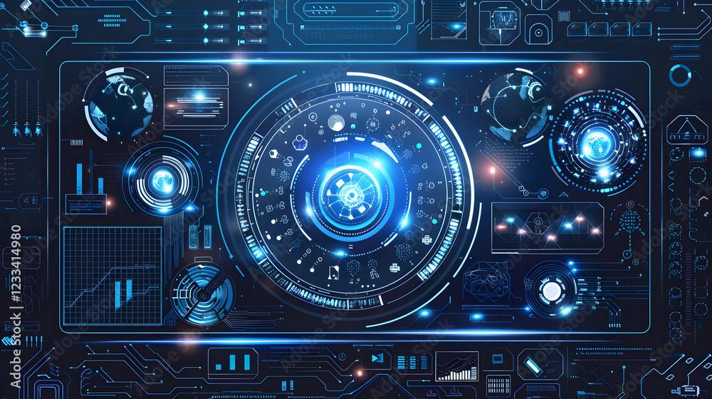 Futuristic digital interface with glowing elements and data visualizations. Futuristic digital interface with glowing elements and data visualizations.