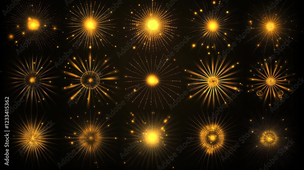 Naklejka premium Golden firework bursts collection, night sky, celebration design
