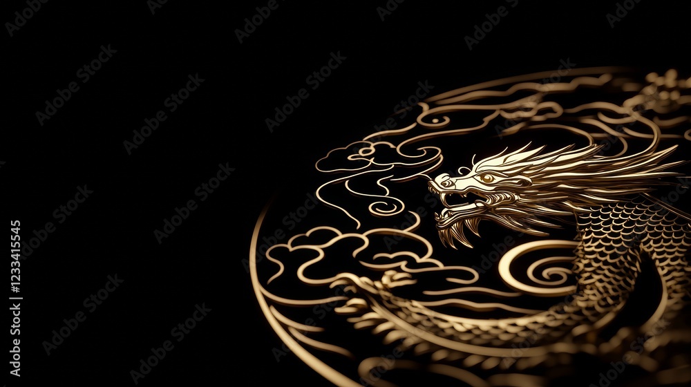 Golden Dragon Embossed on Dark Circular Medallion Golden Dragon Embossed on Dark Circular Medallion