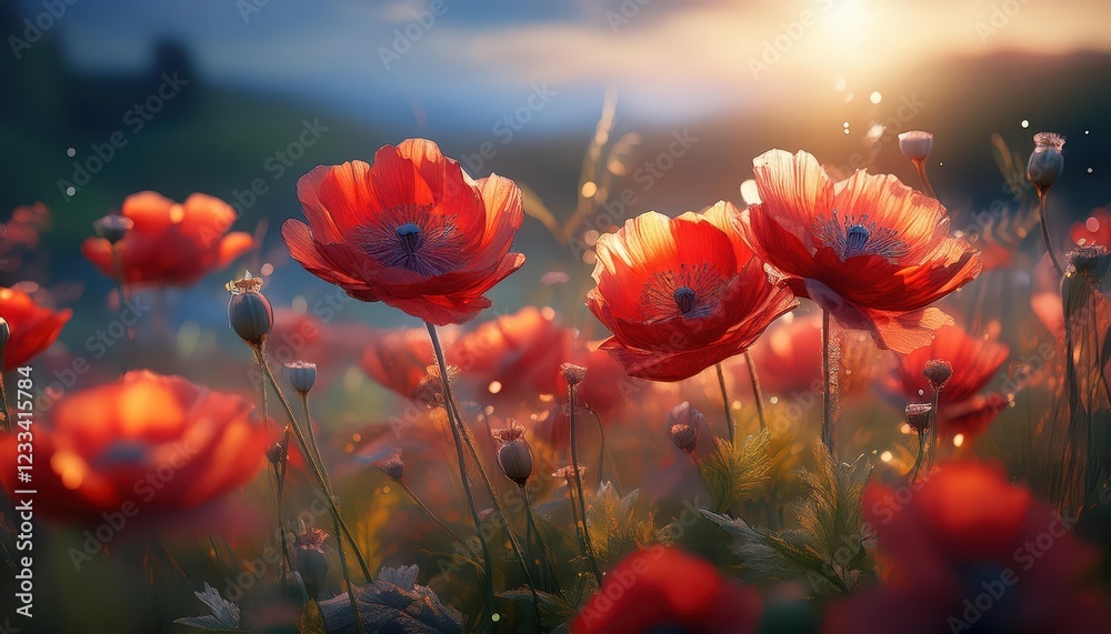 Obraz premium Vivid Poppy Blossoms Illuminate a Stunning Field in a HighResolution K Landscape, Capturing the Essence of Natures Springtime Blooming Abundance.