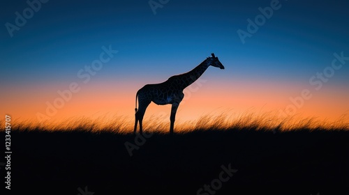 Giraffe silhouette against vibrant sunset in African savanna