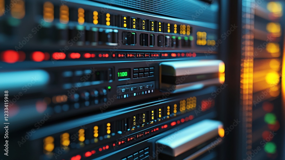 Naklejka premium Server Rack Data Center Technology Closeup Modern Network Infrastructure