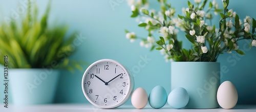 Spring clock, eggs, flowers, pastel background