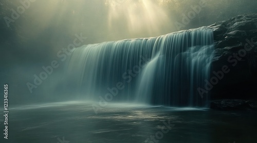 Sunbeams illuminate misty waterfall, tranquil pool, forest background; nature photography
