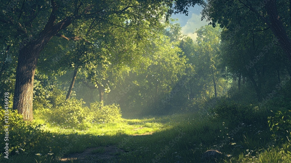 Fototapeta premium Sunlit path through a lush, misty forest.