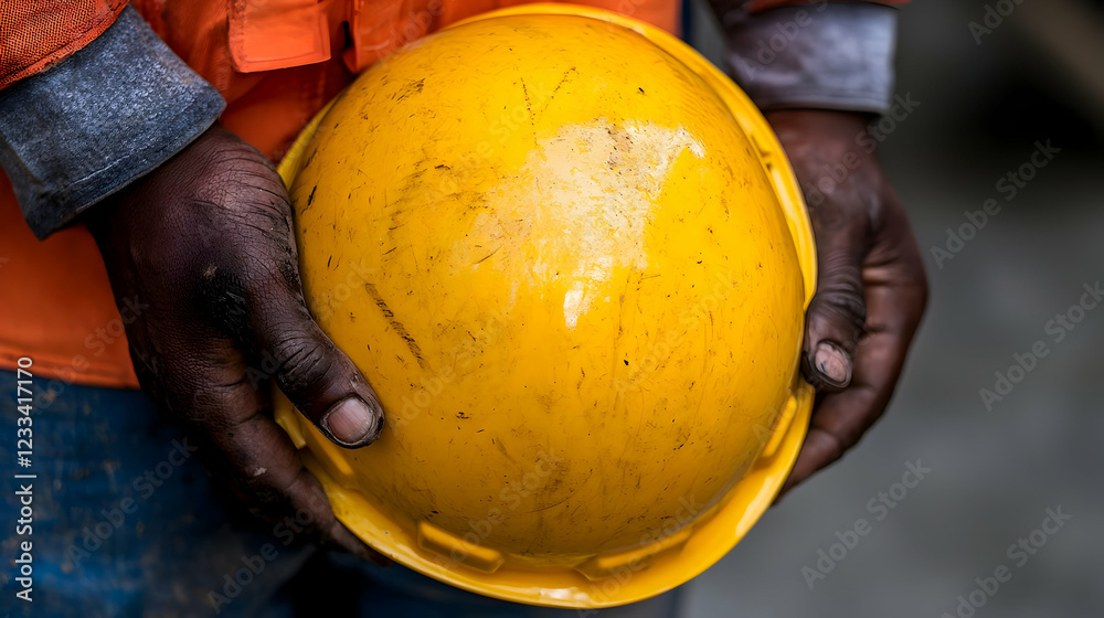 Fototapeta premium Worker holding hard hat, construction site