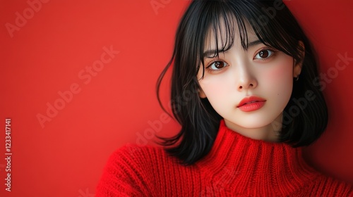 Stunning Portrait of a Young Woman with Short Black Hair, Wearing a Red Knit Sweater Against a Red Background