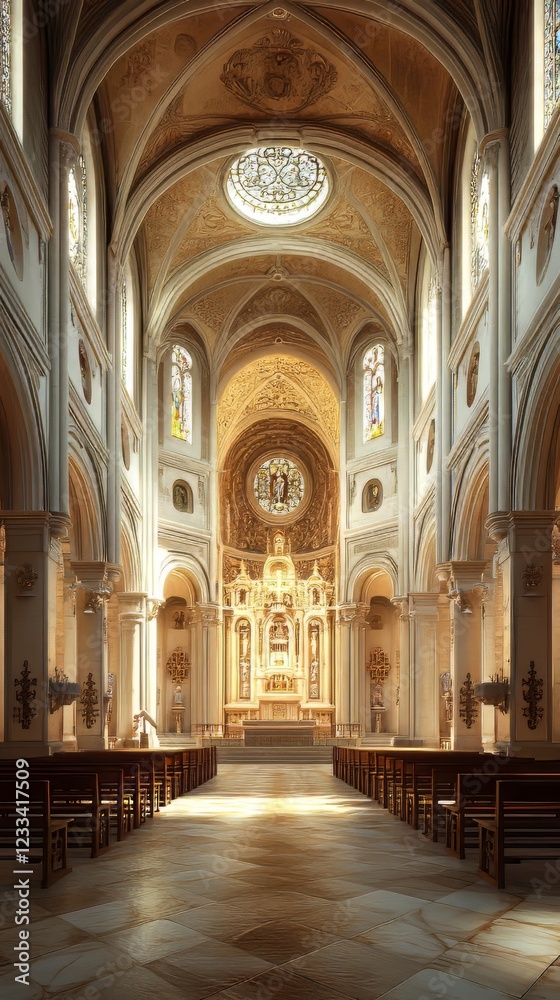 Fototapeta premium Sunlit grandeur of a cathedral nave