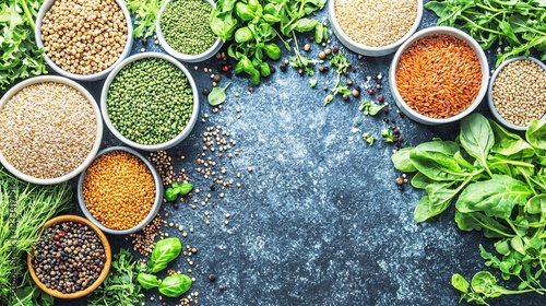 overhead shot of an organized kitchen with fresh produce, whole grains, and spices laid out for preparing healthy meals, including leafy greens and grains. Healthy meal preparations  photo