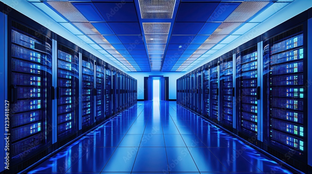 Modern Data Center Server Room Technology Blue Light Corridor Modern Data Center Server Room Technology Blue Light Corridor