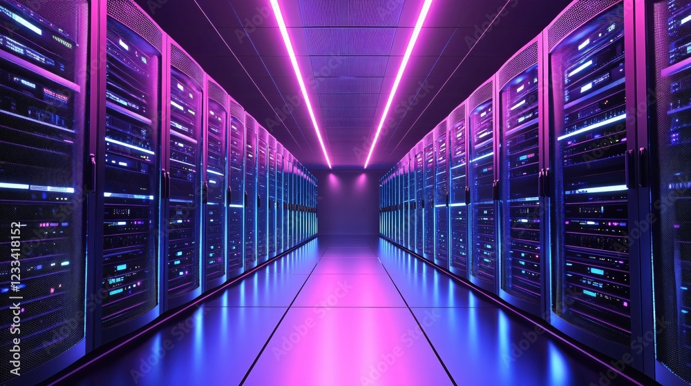 Fototapeta premium Futuristic Server Room Neon Lights Data Center Technology