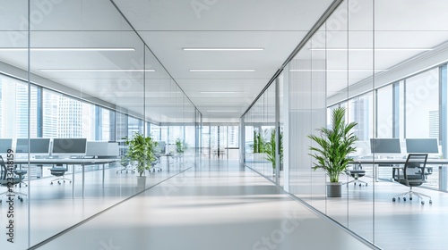 Modern Glass Office Corridor Cityscape View Bright Spacious Workspace