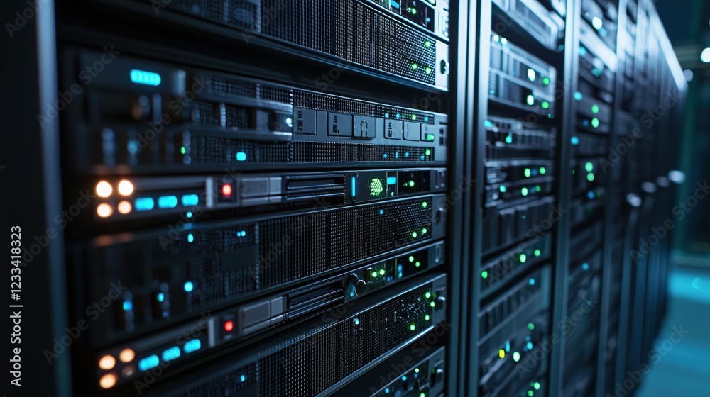 Powerful Server Racks in Modern Data Center Night View Powerful Server Racks in Modern Data Center Night View