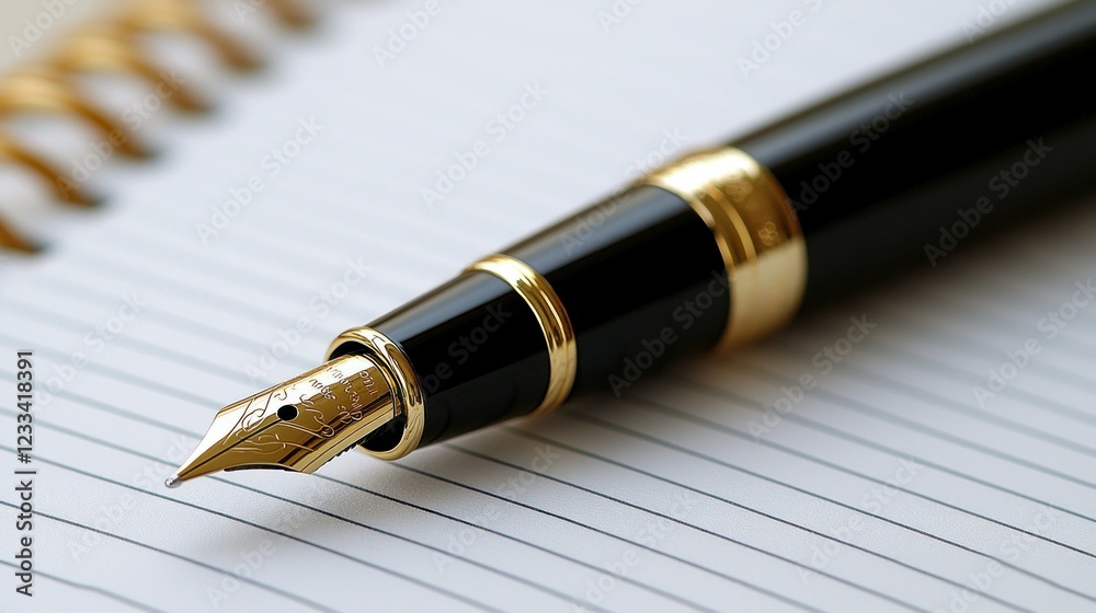 Gold and black fountain pen on lined notepad, ready for writing Gold and black fountain pen on lined notepad, ready for writing