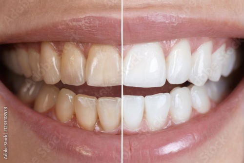 Before and After Teeth Whitening: CloseUp of Healthy, WellGroomed Smile with Visible Results in LeftRight Comparison. photo