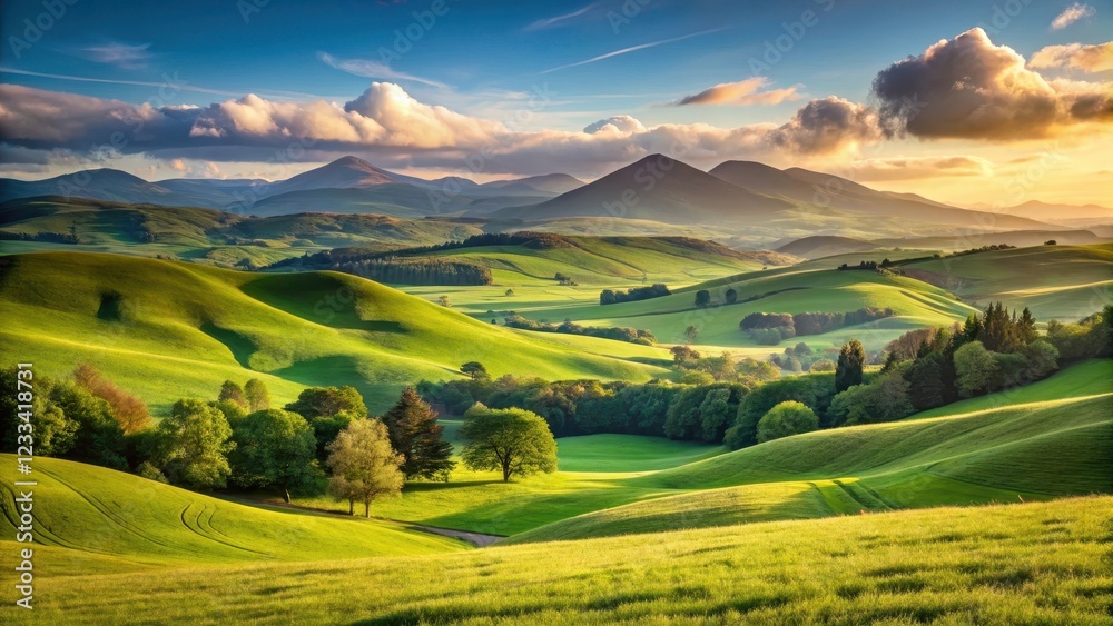 Rolling hills with green grass in a serene landscape Rolling hills with green grass in a serene landscape