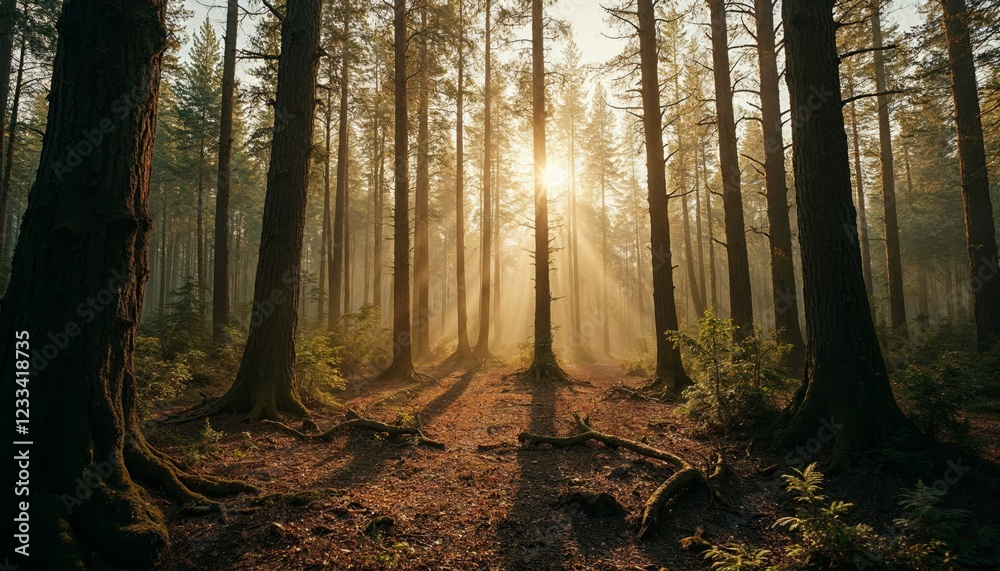 Fototapeta premium Sunlight through the trees in a forest. Concept of peace, tranquility, and nature.