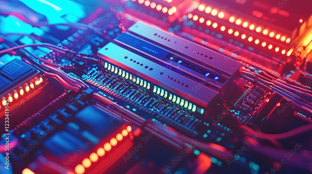 Futuristic Tech Circuit Board Neon Lights Data Center Server Futuristic Tech Circuit Board Neon Lights Data Center Server